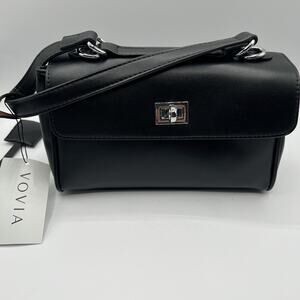 VOVIA Black Vegan Leather Crossbody Shoulder Bag Purse Silver Twist Lock NWT